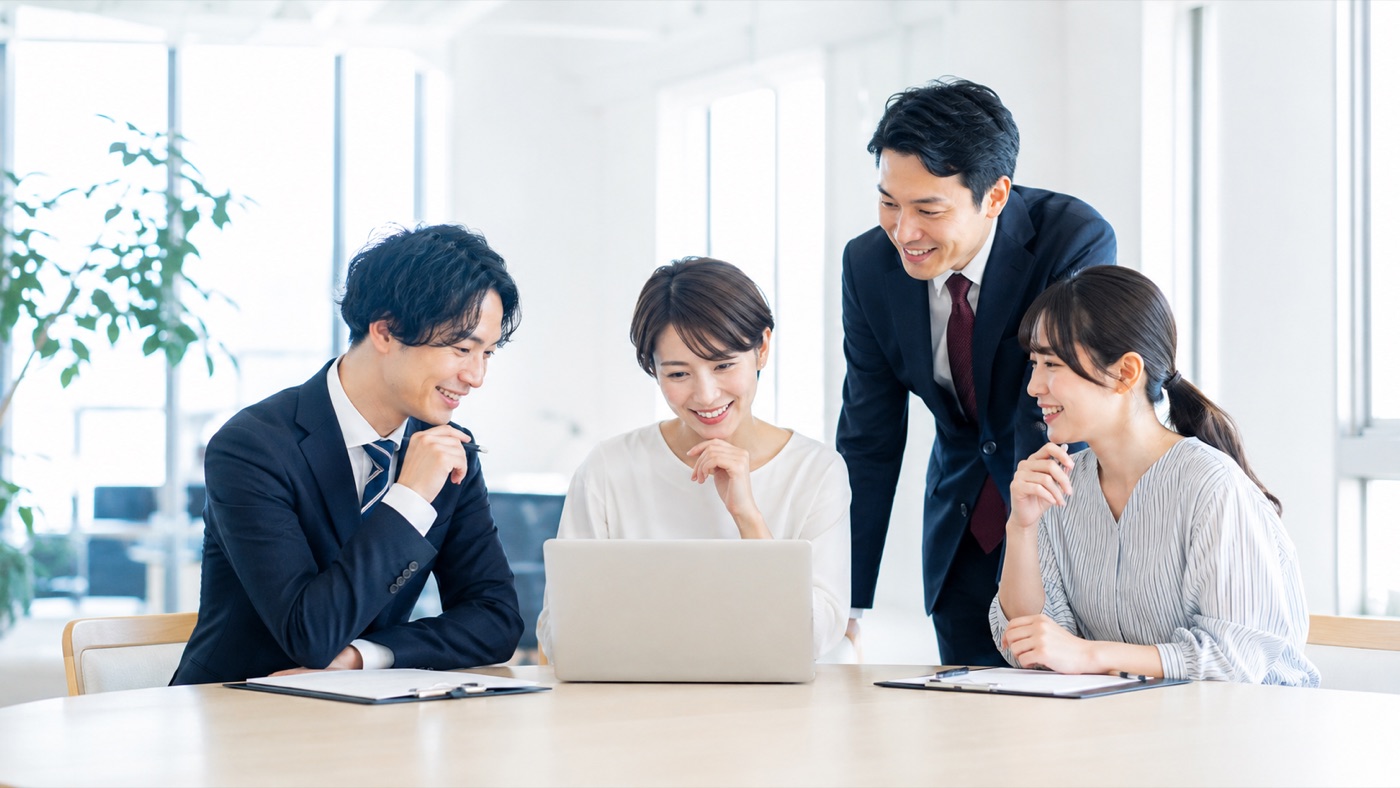 熊本のオフィスでノートパソコンを囲み打ち合わせをする株式会社つなぐのチーム