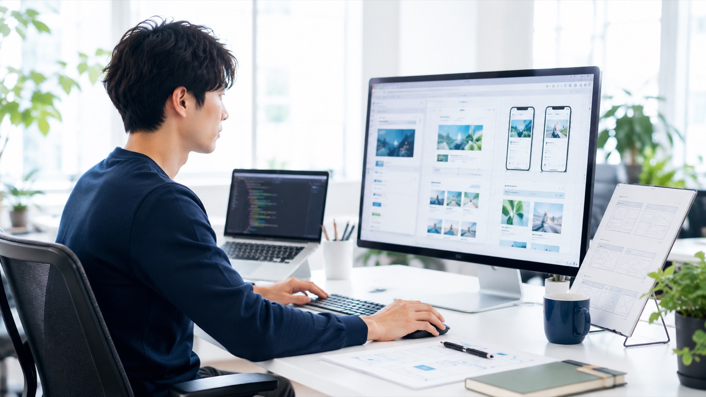 大型モニターでWebサイトとアプリのUIを制作するエンジニア