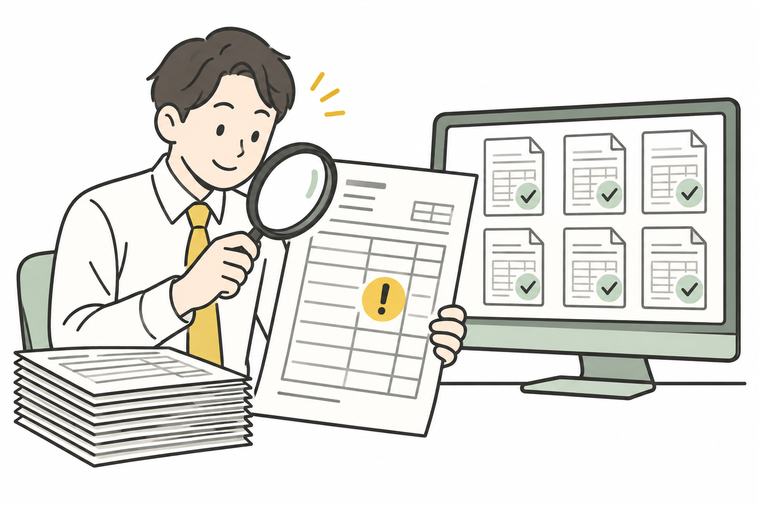 書類の気になる箇所を虫眼鏡で見つける事務担当者