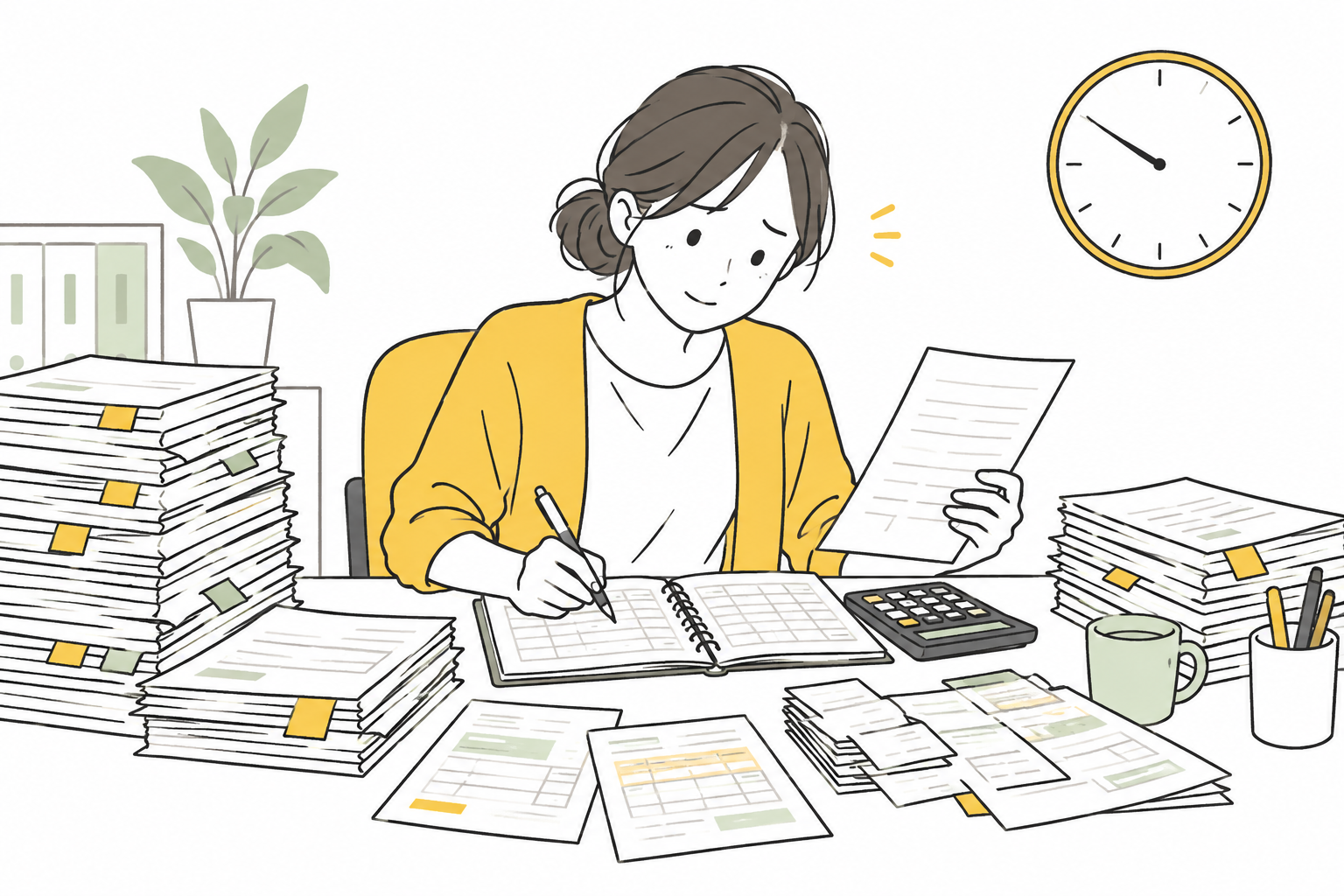 積み重なった請求書を見ながら、電卓と帳面で一件ずつ確認する担当者