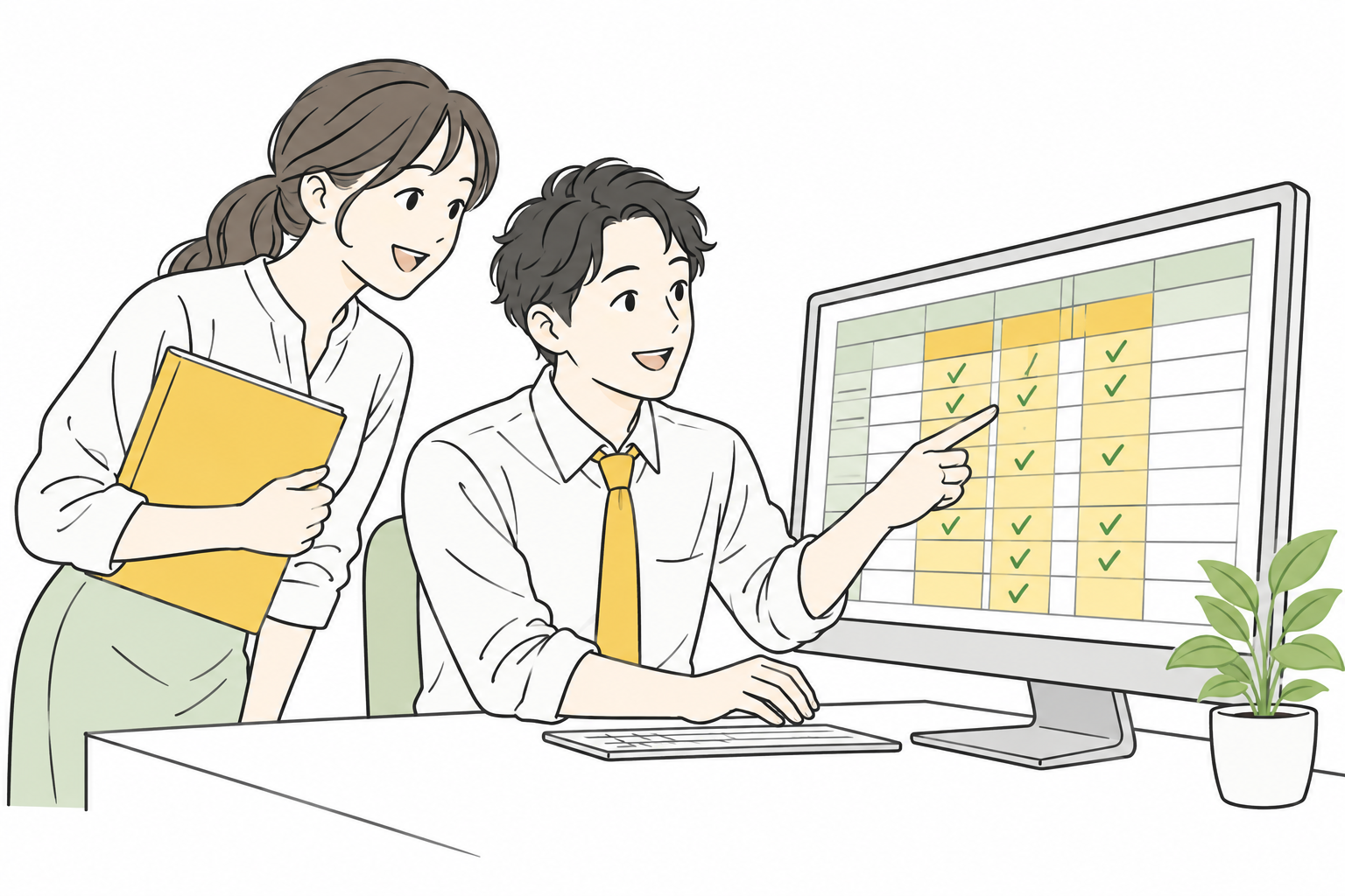 会社のルールでまとめたExcelを二人で確認する担当者
