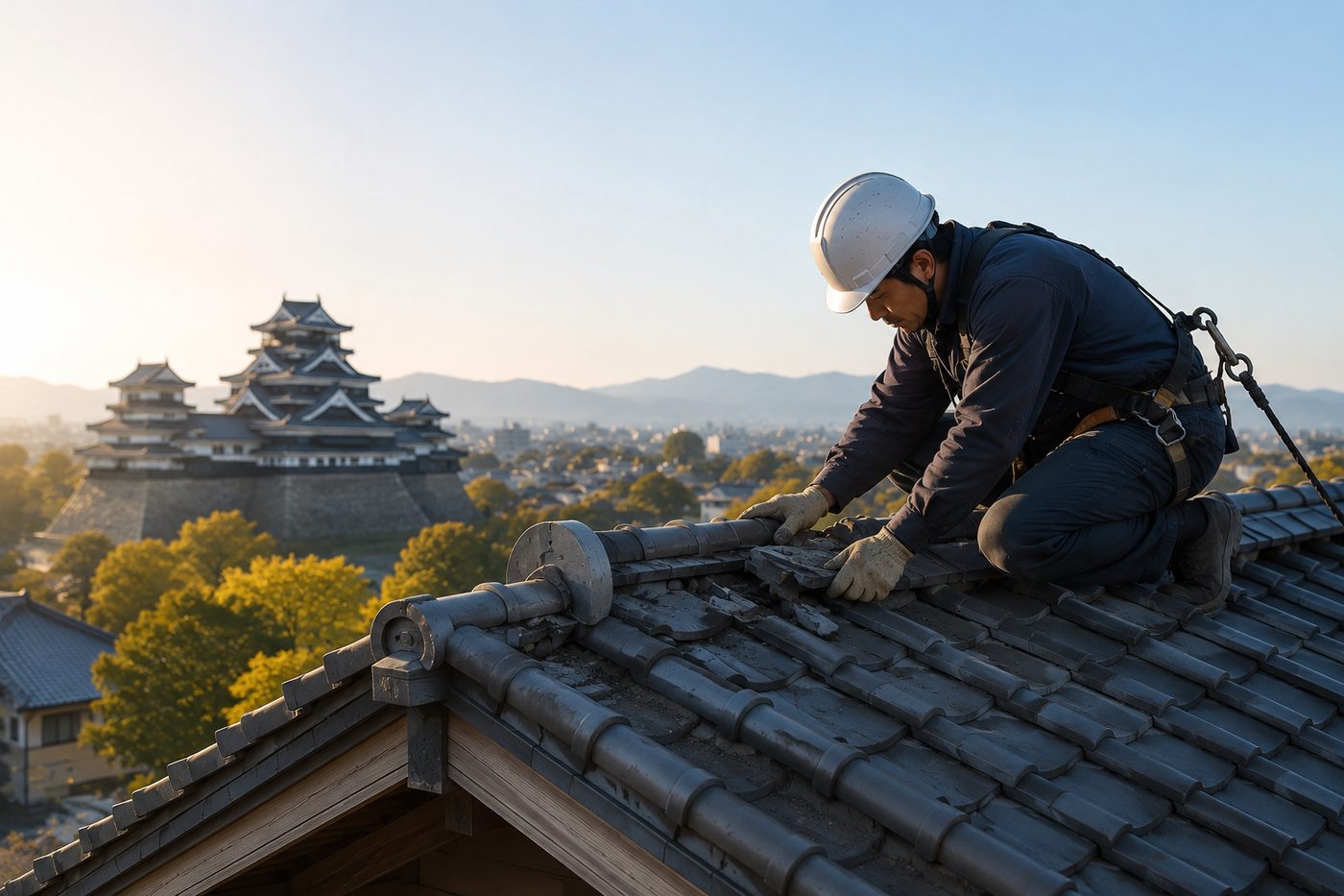 朝の光の中、熊本城を望む住宅の屋根で、安全帯を着けた職人が瓦をていねいに直している写真