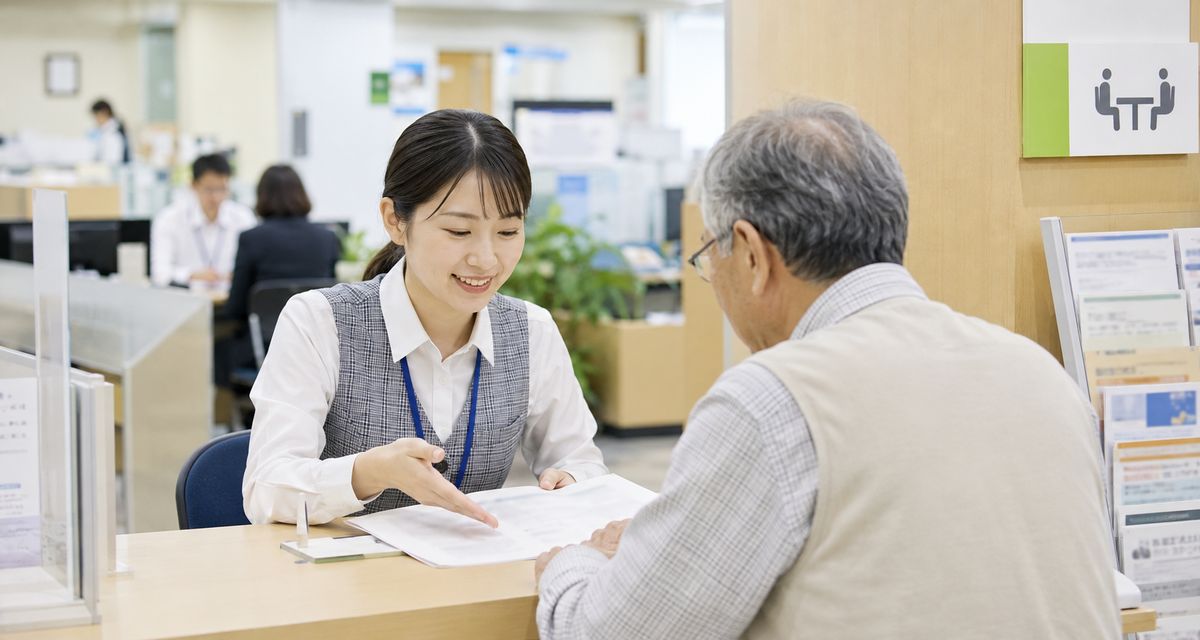市役所の相談窓口で職員が高齢の男性に書類をやさしく説明している写真